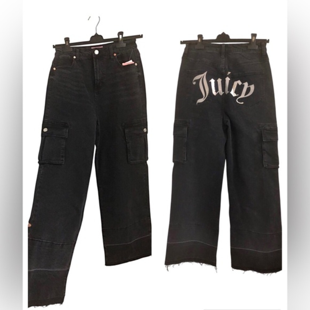 Juicy Couture black denim cargo style monogram back frayed‎ hem jeans size 9/29